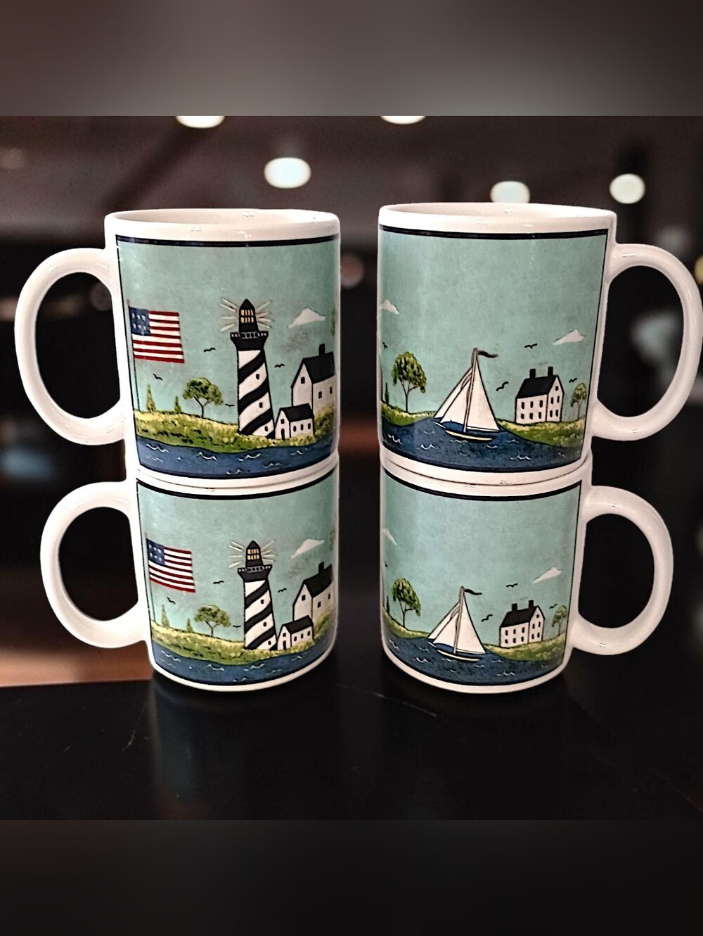 4 Vtg Sakura Coastal Breeze Coffee Mugs Warren Kimble Nautical 10oz Beach House